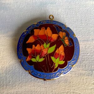 Beautiful Vintage intarsia pendant, blue, flowers & butterfly. 2 sided. 4cm